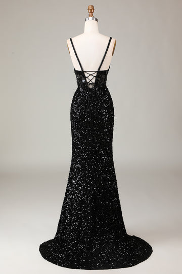 Sparkly Black Corset Sequins Long Mirror Formal Dress with Slit